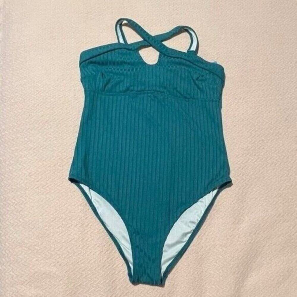 Cupshe Women Teal Ribbed One Piece Swimsuit High Neck Cutout L NWT